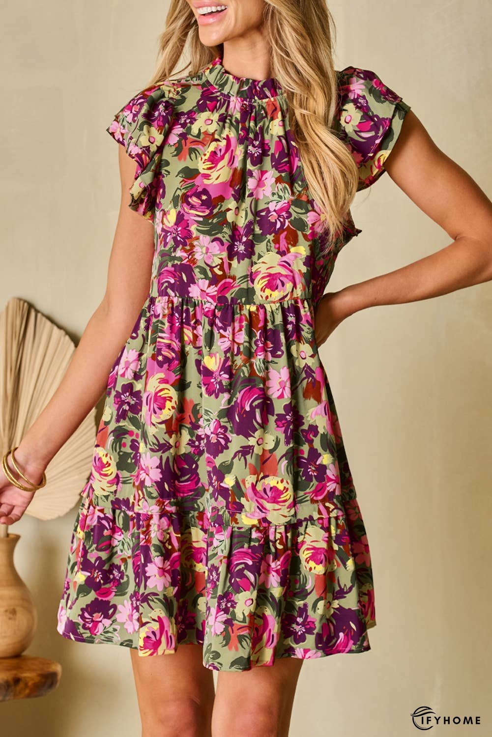 Floral Print Ruched Flutter Sleeve Frilled Neck Mini Dress | IFYHOME