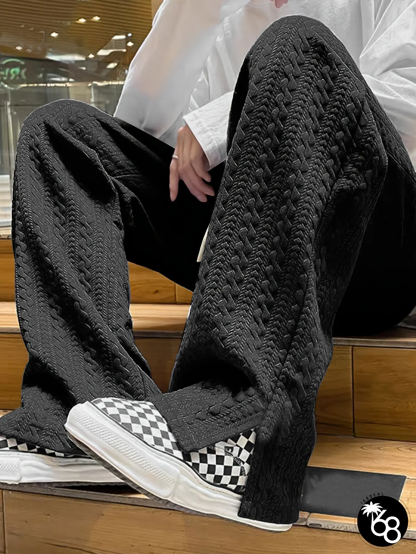Mens Wide-Leg Pants Elastic Drawstring Waist Casual Trousers Non-Stretch Fabric | 168DEAL