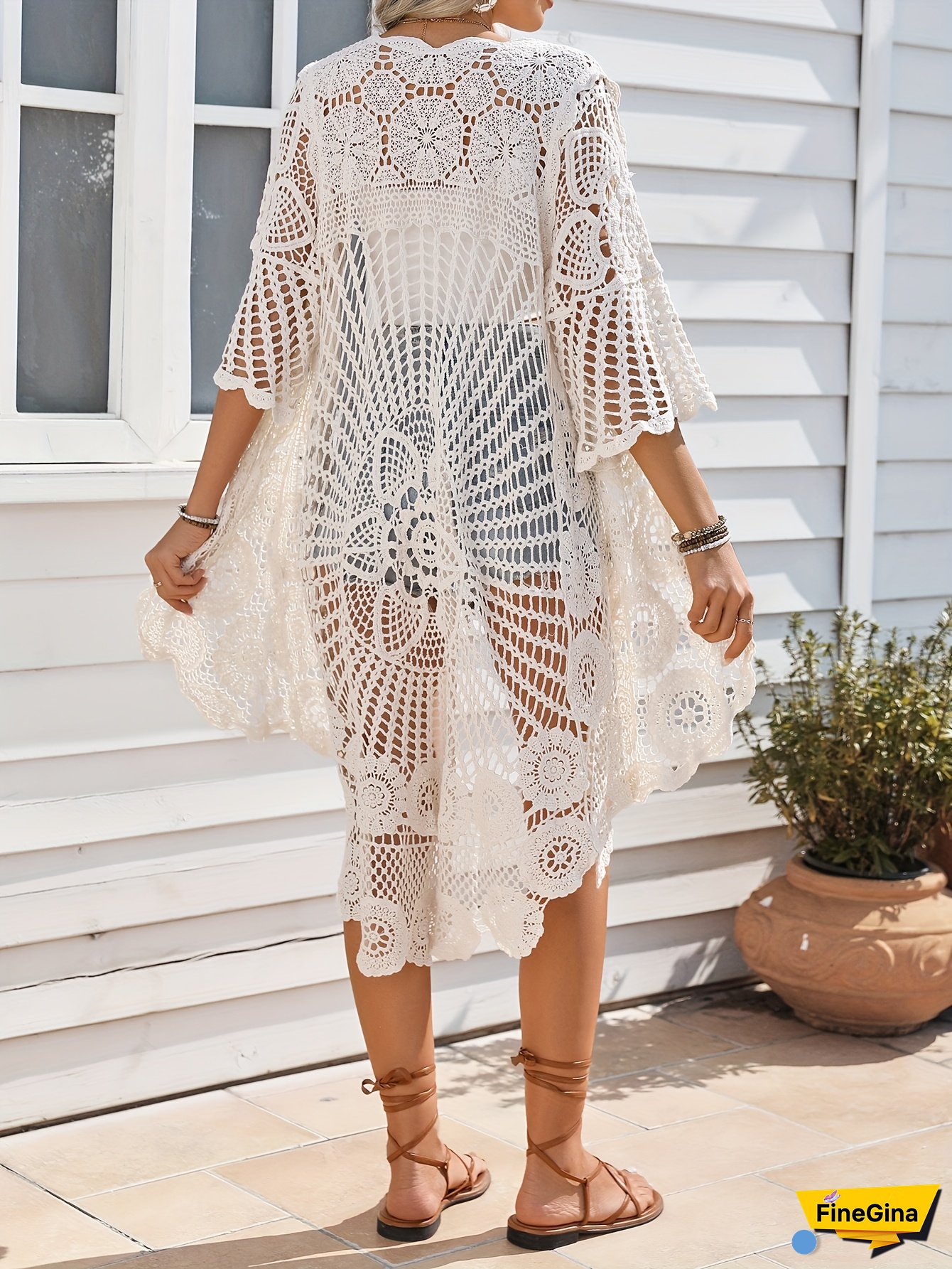 Women's Lightweight Lace-Trimmed Long Beach Cover-Up - 3/4 Sleeve Semi-Sheer Open Front Cardigan, Stretchy Polyester/Elastane Blend, Casual Summer Resort Wear, Hand Wash Only