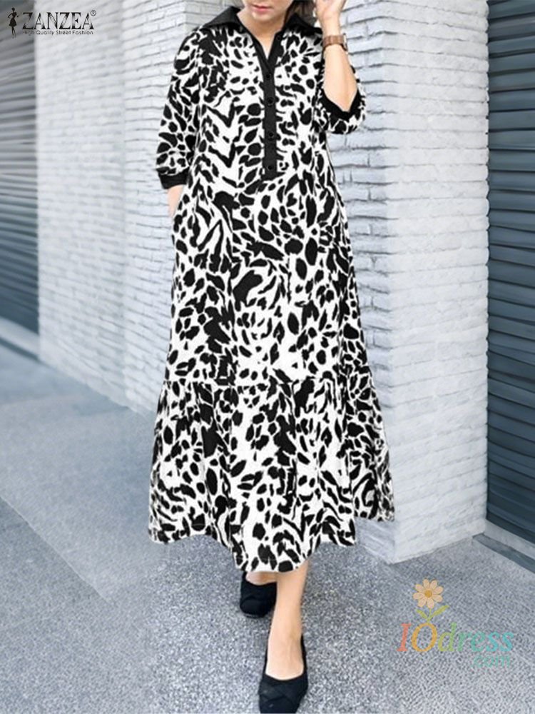 IO Dress Stylish Autumn Printed Dress 2025 choice Fashion Women Lapel Neck 3/4 Sleeve Dresses Robe Femme Casual Baggy Work Midi Vestidos