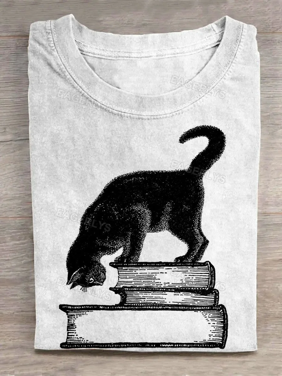 Eagerlys Black Cat Standing on Book T-shirt Eagerlys