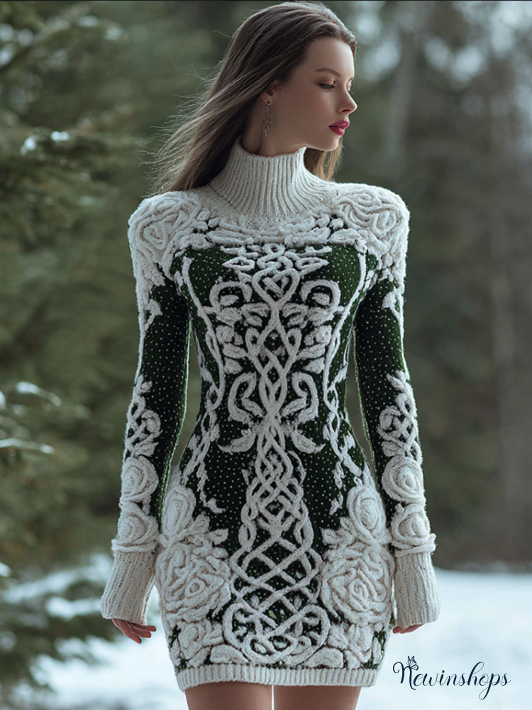 Viking Style Winter Women's Warm High Neck Knitted Sweater Dress