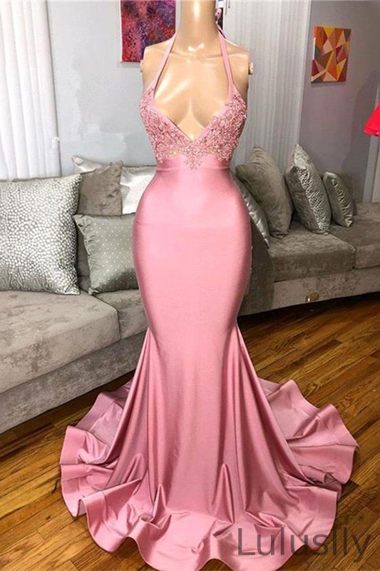 Luluslly Spaghetti-Straps Mermaid Pink Prom Dress V-Neck With Appliques