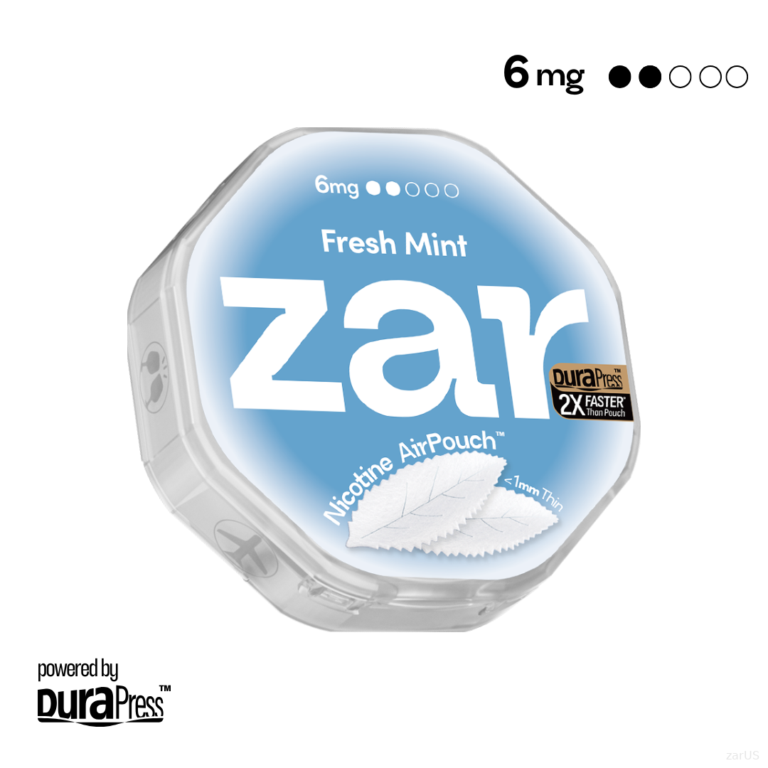 US Experience zar Oral Nicotine AirPouch Fresh Mint  Flavor Mint Flavour 6mg nicotine options 20 pcs per can Price USD 4.9 multi-buy up to 30% discount off Authentic flavors zar pouches nicotine strip snus nicotine pouch dosh pouch