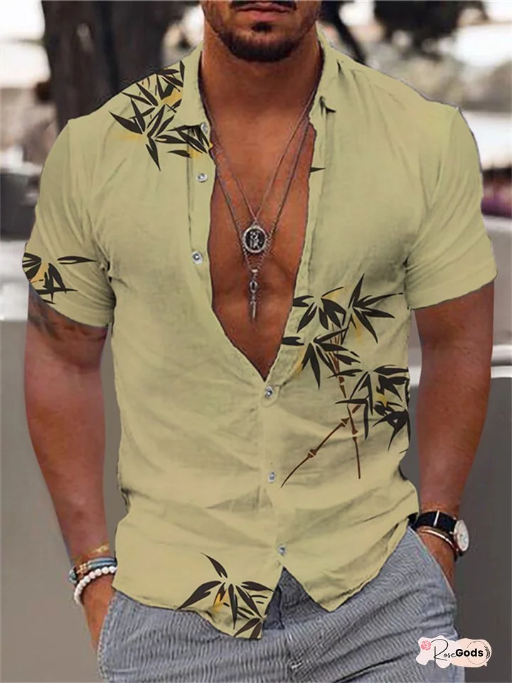 Men's Shirt Leaf Luminous Short Sleeve Outdoor Street Tie Button Printed Tops Fashion Designer Casual Breathable Shirt Khaki,Green,Gray,Brown