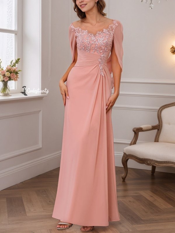 A-Line/Princess Illusion Scoop Appliques Ruched Mother of the Bride Dresses with Cape