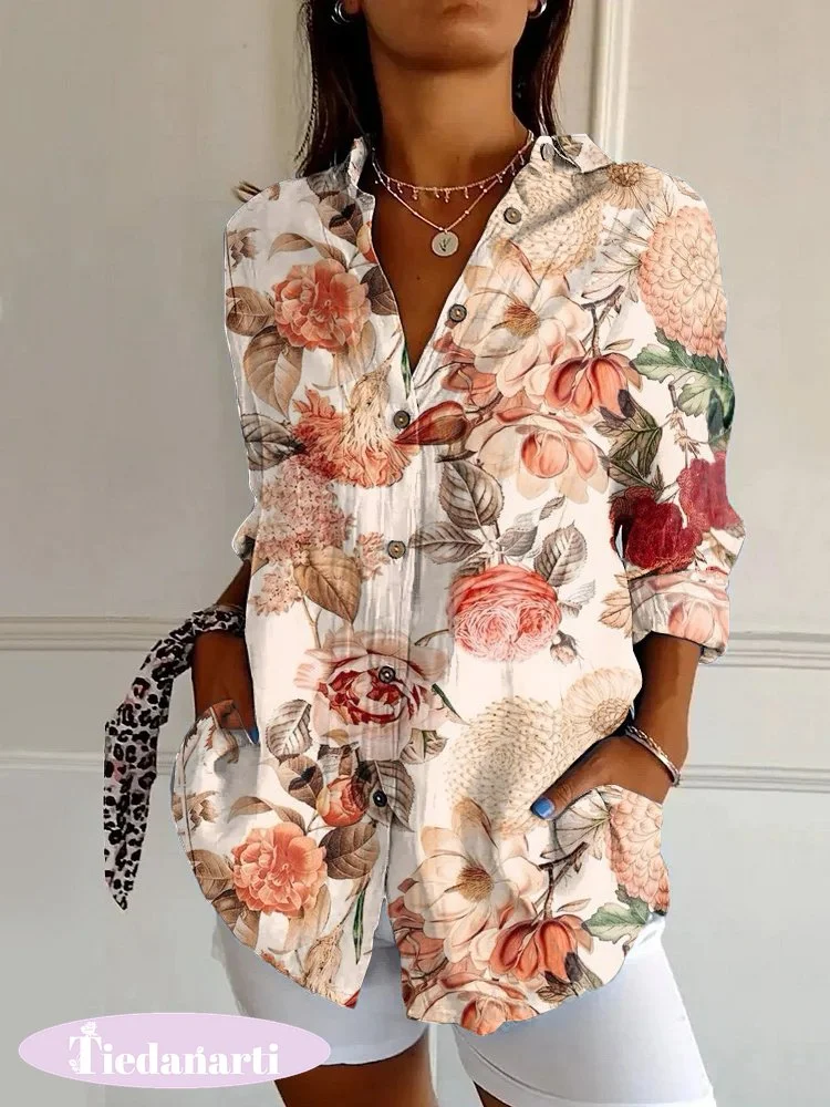 Vintage Floral Art Print Casual Long Sleeve Shirt