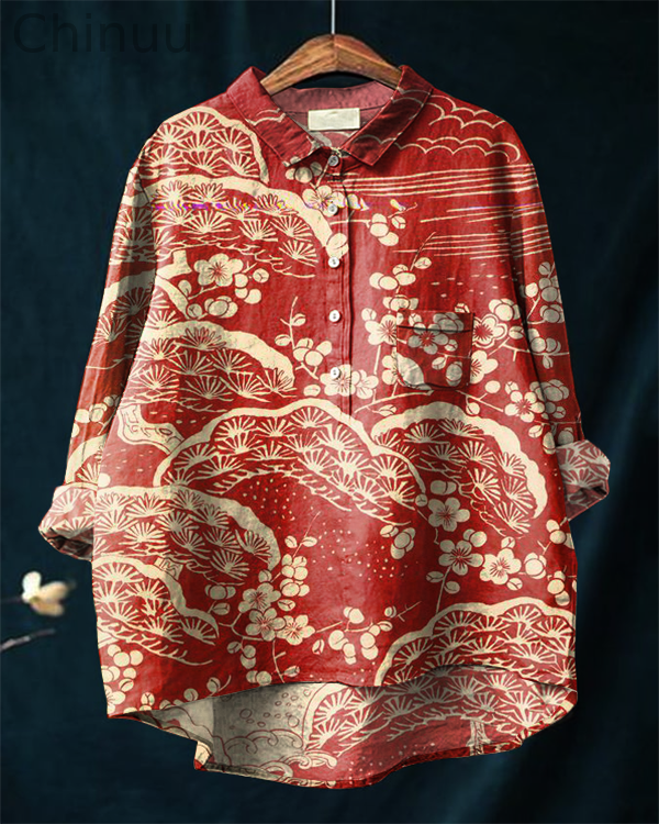 Japanese Classic Plum Blossom Casual Cotton and Linen Shirt