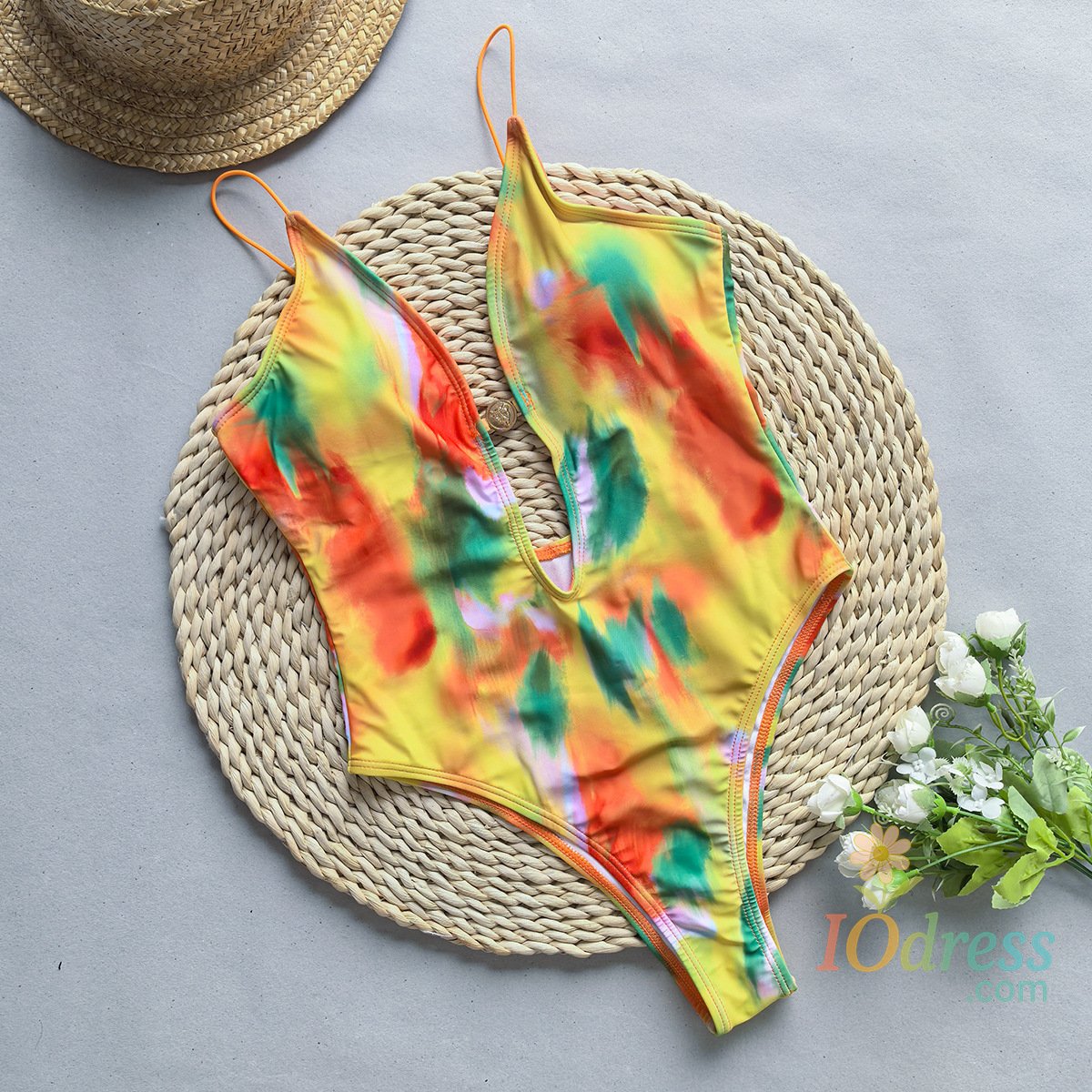 IO Dress Sexy Deep V Neck Tie Dye Cut Out One Piece Swimsuit Women Swimwear Female Monokini High Leg Cut Bather Bathing Suit Swim