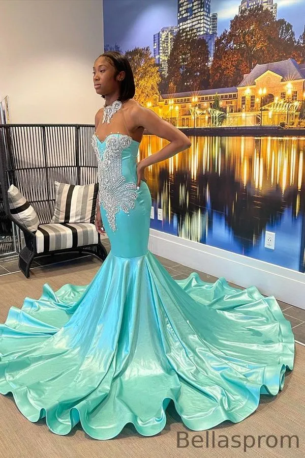 mermaid mint green prom dresses Long Sleeve High Slit Mint Green Mermaid Prom Gown