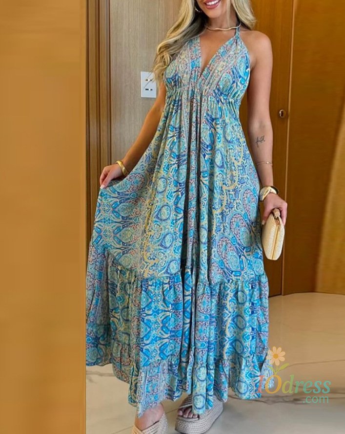 IO Dress Sexy Backless Womens Dresses Summer Vintage Boho Print Halter Deep V-neck Lace Up Long Dress Casual Ruffles Beach Dress Female IO Dress