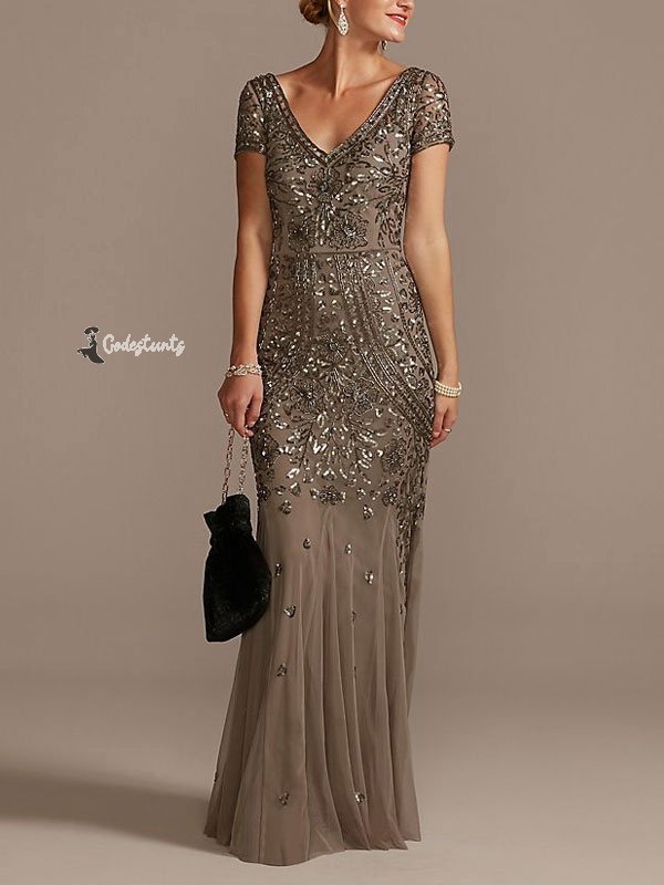 V-neck Beaded Short Sleeve Dress with Godets Mother of the Bride Dress