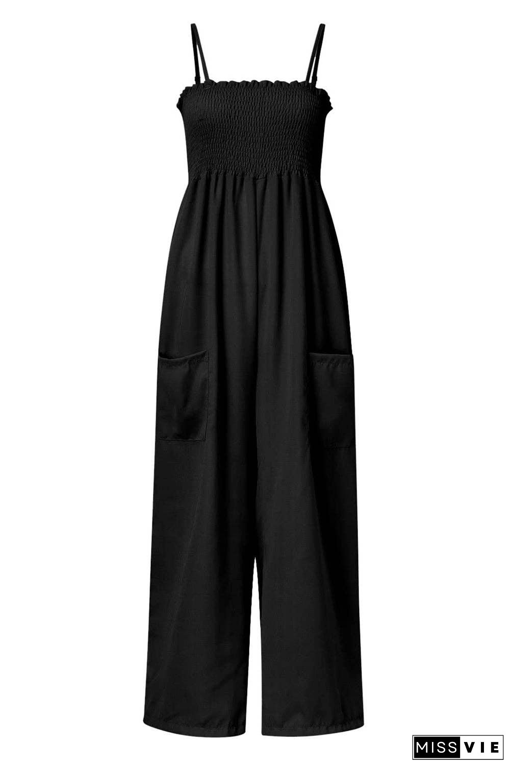Smocked Spaghetti Strap Wide Leg Jumpsuit - Pocketed