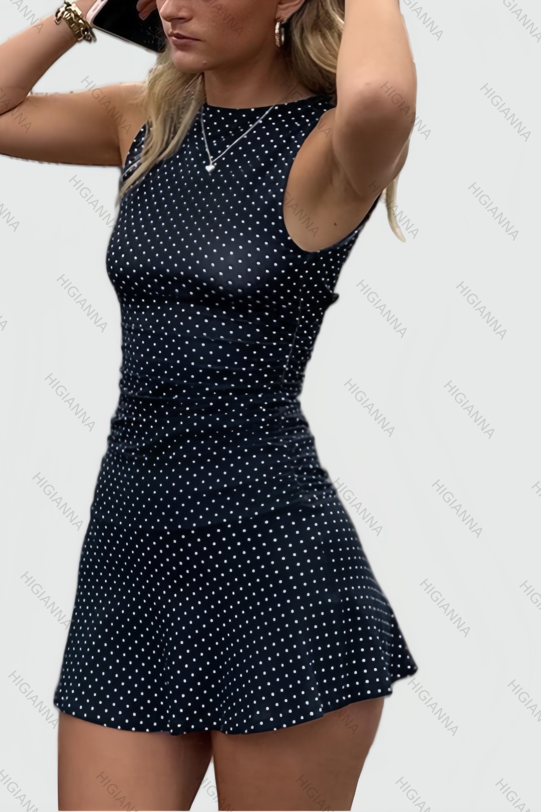 Polka Dot Sleeveless Ruched A-Line Mini Dress - HIGIANNA&reg;