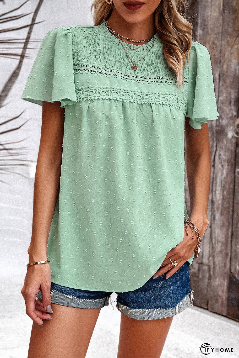 Swiss Dot Smocked Round Neck Short Sleeve Blouse | IFYHOME