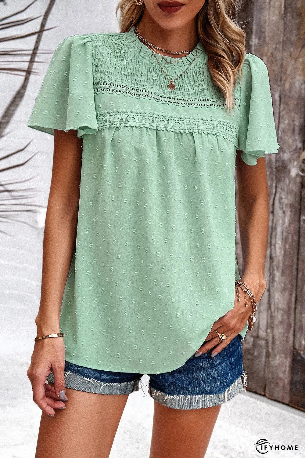 Swiss Dot Smocked Round Neck Short Sleeve Blouse | IFYHOME