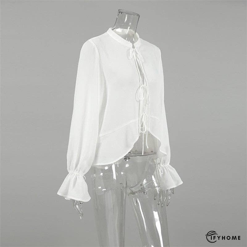 White Tie-Up Top With Mandarin Collar | IFYHOME