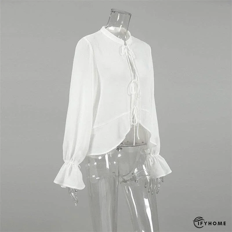 White Tie-Up Top With Mandarin Collar | IFYHOME