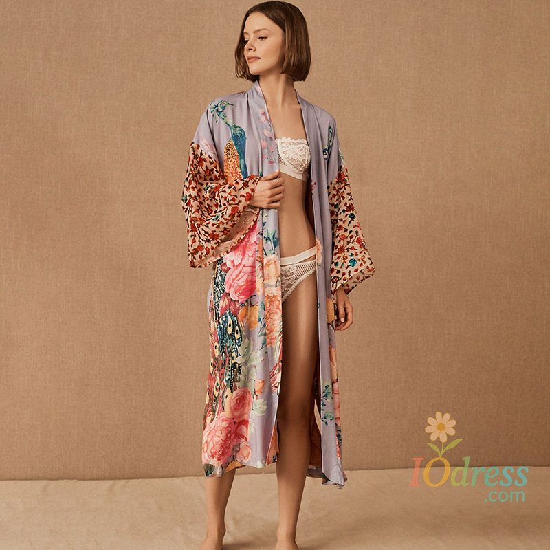 IO Dress Beach Kimono for Women Peocock Printed Swimsuit Cover Up Self Belted Wrap Dresses Seaside Bathing Suits Beachwear