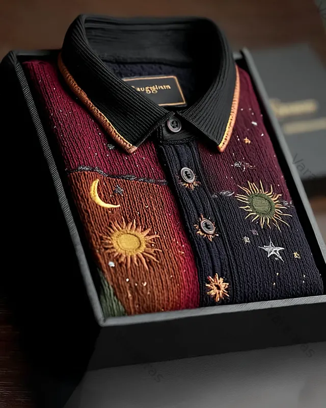 Men's 3D Star and Moon Embroidered Contrast Color Panel Shirt 3470