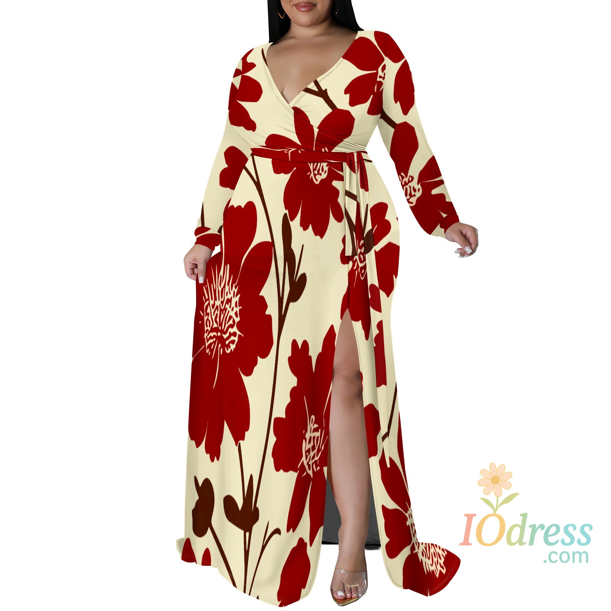 IO Dress Long Sleeve V Neck One-side Slit Maxi Dress XL-6XL IO Dress