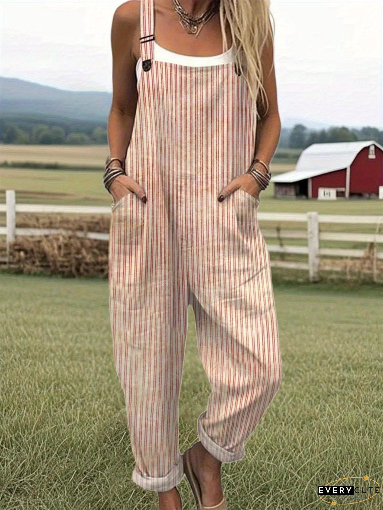 Women‘s Summer 3D Printed Overalls - Loose Striped Jumpsuit with Adjustable Straps, Multiple Pockets & Slim Suspender Pants, Machine Washable Casual Workwear Trousers for Spring Summer Fall, Summer Jumpsuit, Relaxed Fit Attire, Geometric Pattern Design