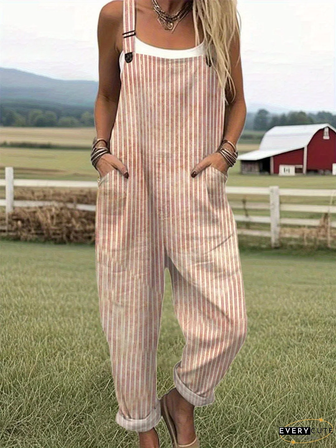 Women‘s Summer 3D Printed Overalls - Loose Striped Jumpsuit with Adjustable Straps, Multiple Pockets & Slim Suspender Pants, Machine Washable Casual Workwear Trousers for Spring Summer Fall, Summer Jumpsuit, Relaxed Fit Attire, Geometric Pattern Design