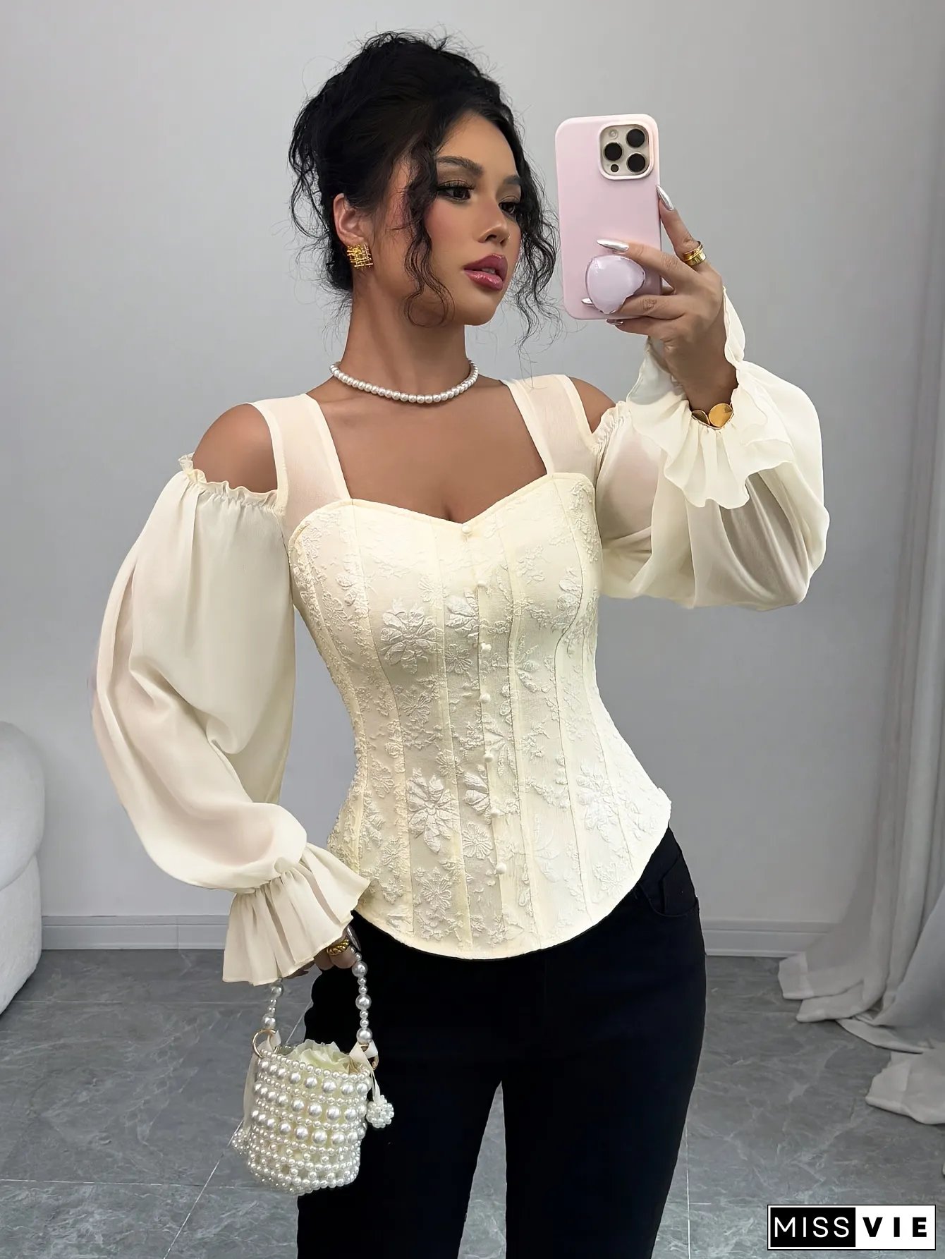 Womens Elegant Open-Shoulder Floral Brocade Blouse Square Neck Long Sleeve Summer Top
