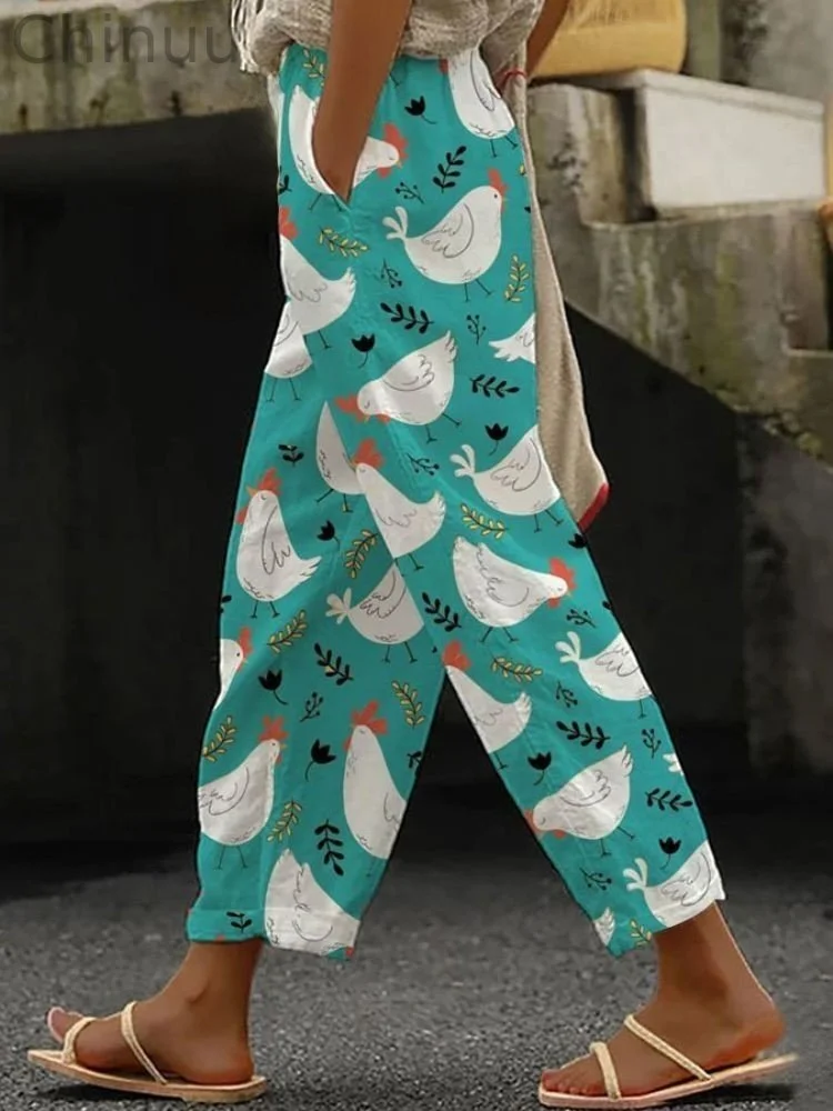 Cute Hen And Floral Print Pocket Casual Pants
