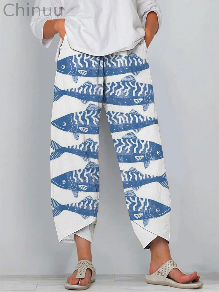 Japanese Blue Sardines Art Print Cropped Pants