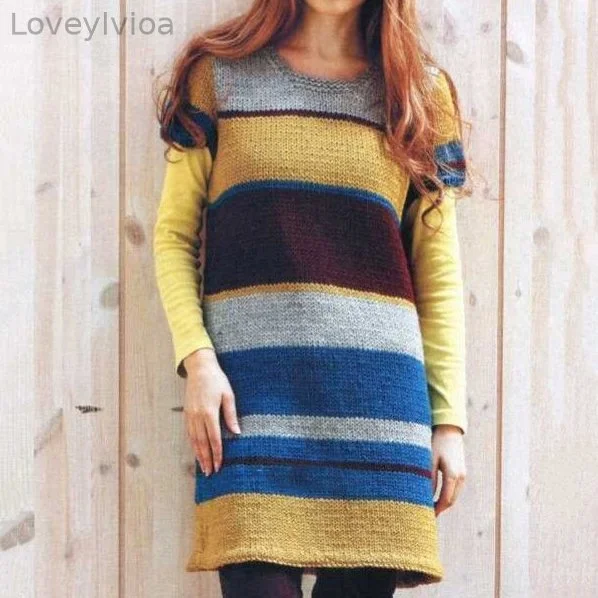 Retro Contrast Striped Crew Neck Wool Midi Dress