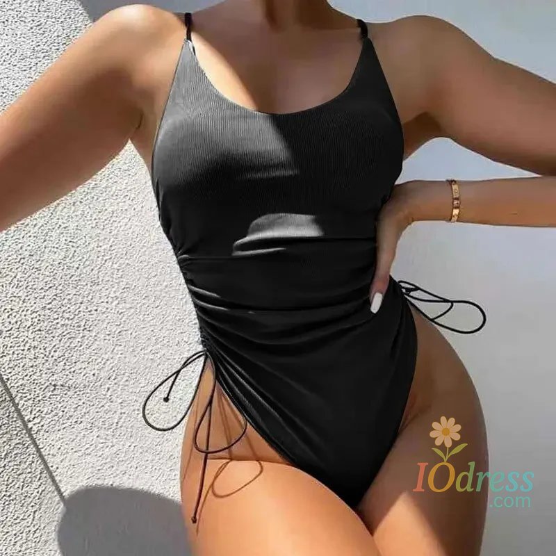 IO Dress Ribbed Swimsuit One Piece 2023 New Sexy High Cut Swimwear Drawstring Bodysuits Women Solid Bathing Suits Ruched Beachwear