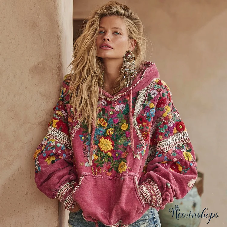 Women's Vintage Bohemian Floral Embroidery Long Sleeve Casual Hoodie