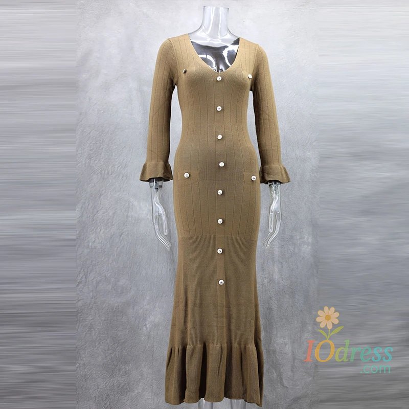 IO Dress Women's Metal Button Solid Knit Long Dresses Elegant Pleated Long Sleeves Bodycon Vestido  New Chic Summer High Street Robes