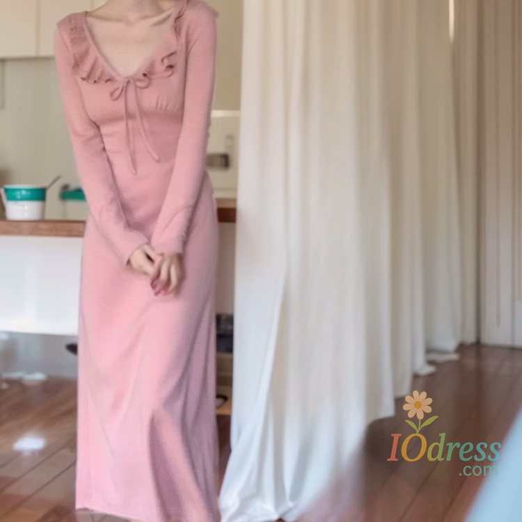 IO Dress Retro Ruffle Strap Dress Women's Waist Slimming Long-sleeved Knitted Bottoming Skirt