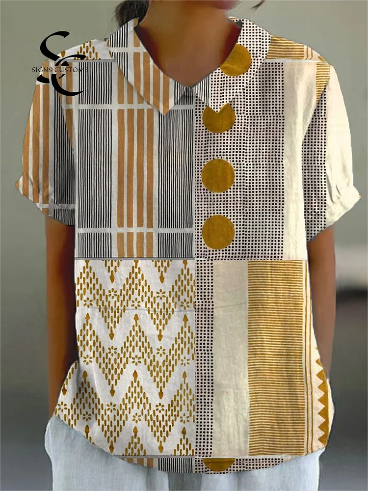 Women's Abstract Geometric Art  Print Casual Cotton And Linen Shirt