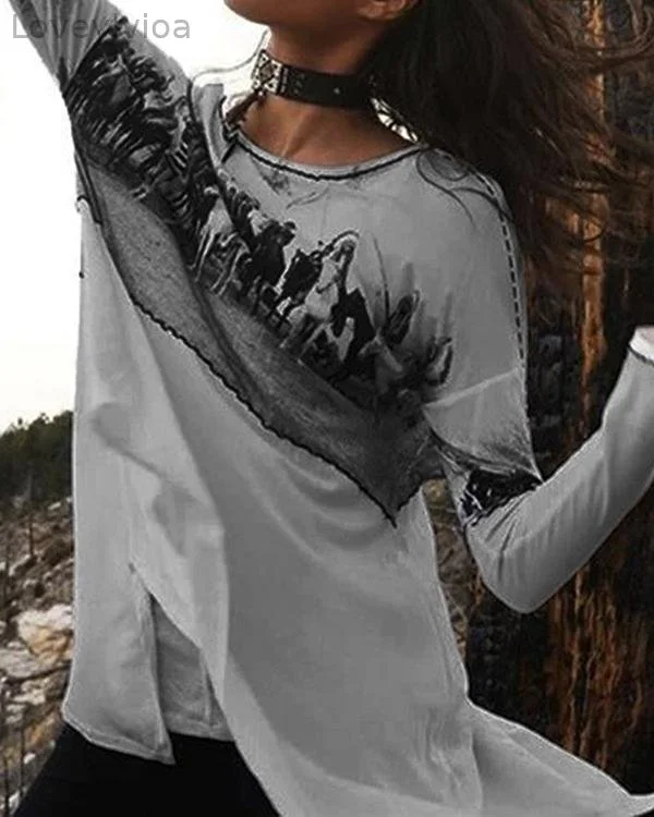 Vintage Graphic Long Sleeve Slit Shirts & Tops