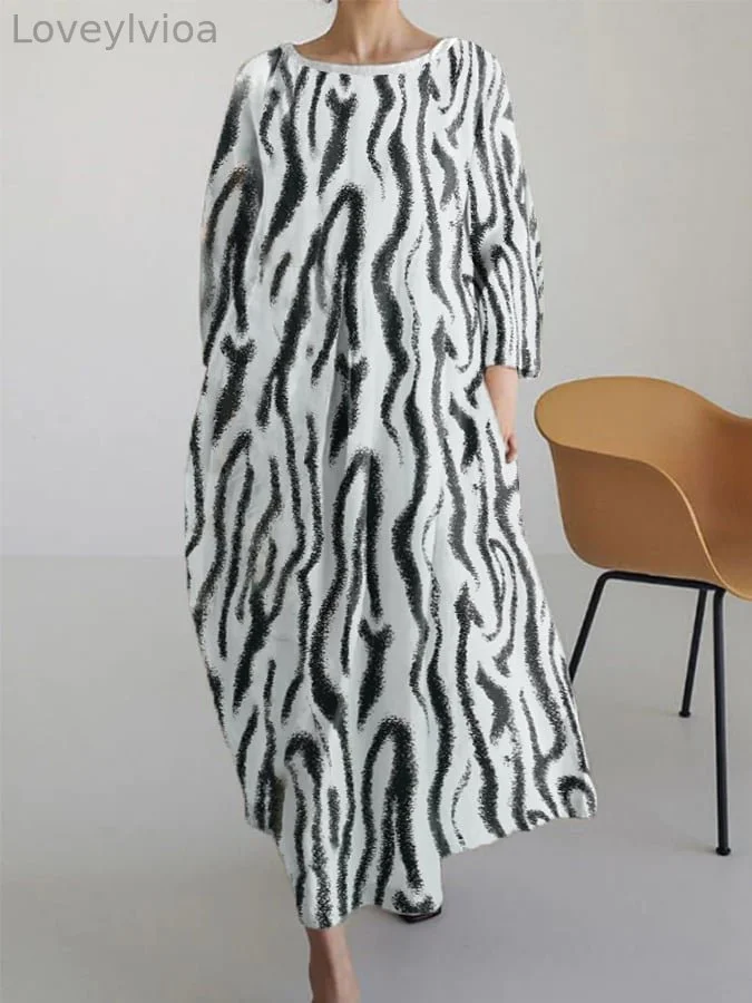 Women's Stripe Print Round Neck Casual Long Dress