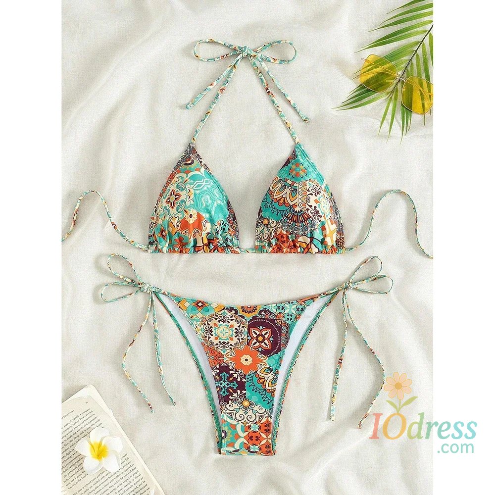 IO Dress Swimsuit 2025 Female Micro Bikini Women Swimwear Summer Beachwear Women's Bathing Suit Floral Print Neck Halter Thong Bikini Set