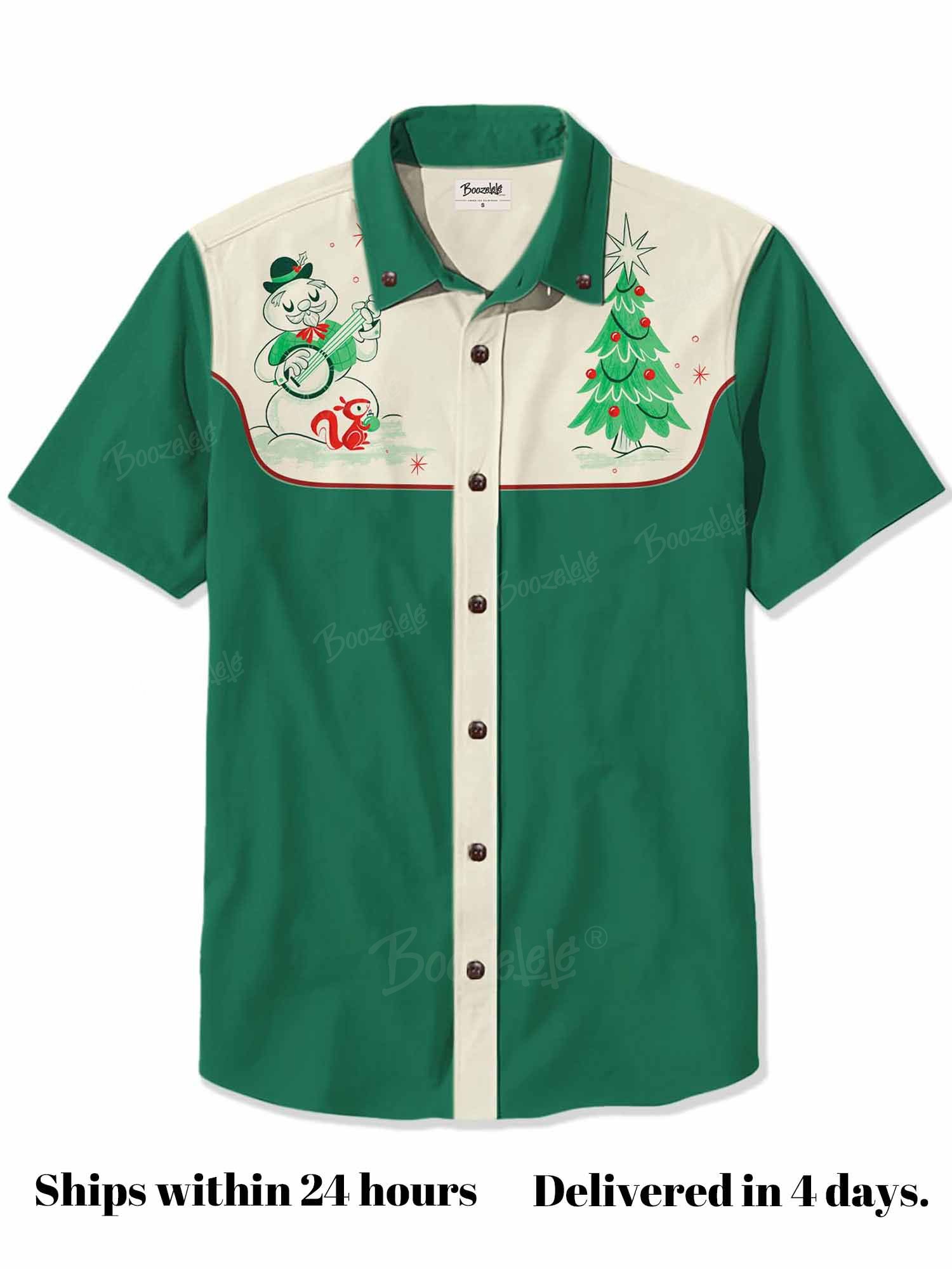 【Clearance】Christmas Banjo-Playing Snowman And Christmas Tree - 100% Cotton Shirt