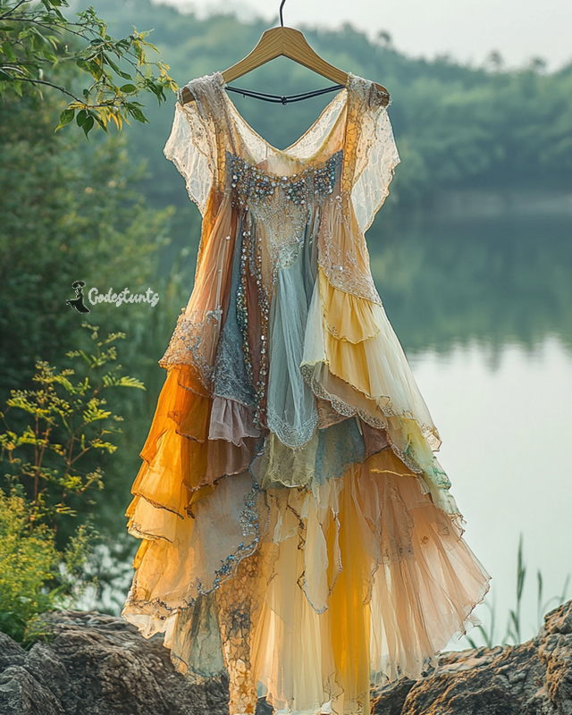 Summer Irregular Lace Patchwork BeadedRuffle Dress 3b26