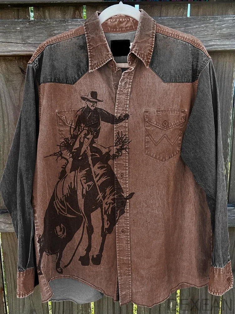 Men's Cowboy Art Vintage Stripe Print Casual Shirt