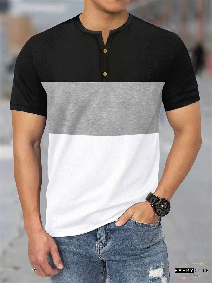 Summer New Large Size Mens Short-sleeved Casual Sports Three-color Splicing T-shirt Henley