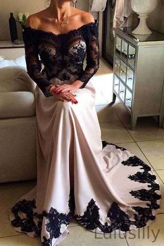 Long Sleevess Black Lace Evening Party Gowns Mermaid Evening Gowns - lulusllly
