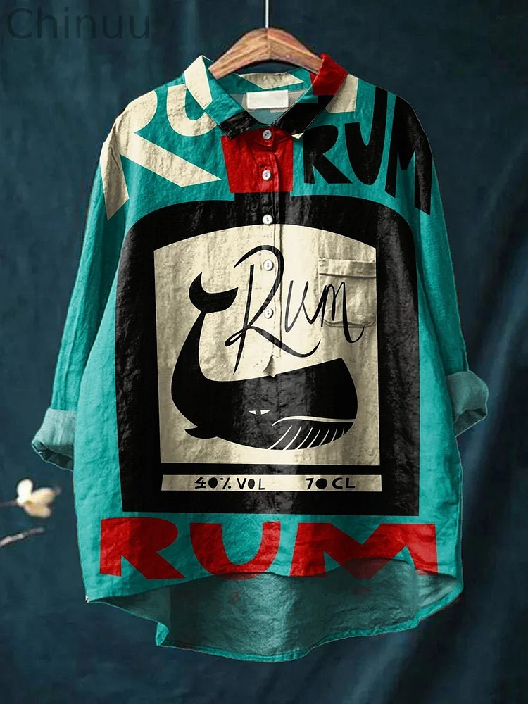 Women's Retro  Rum Art  Print Casual Cotton And Linen Shirt