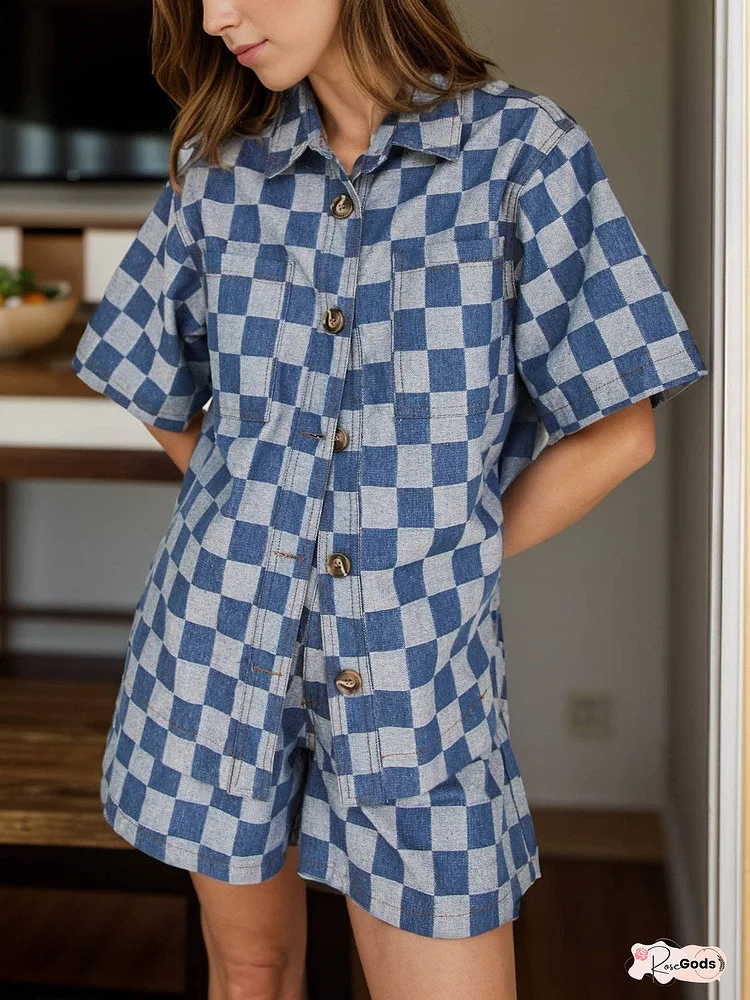 Checkered Button Up Half Sleeve Top and Shorts Set