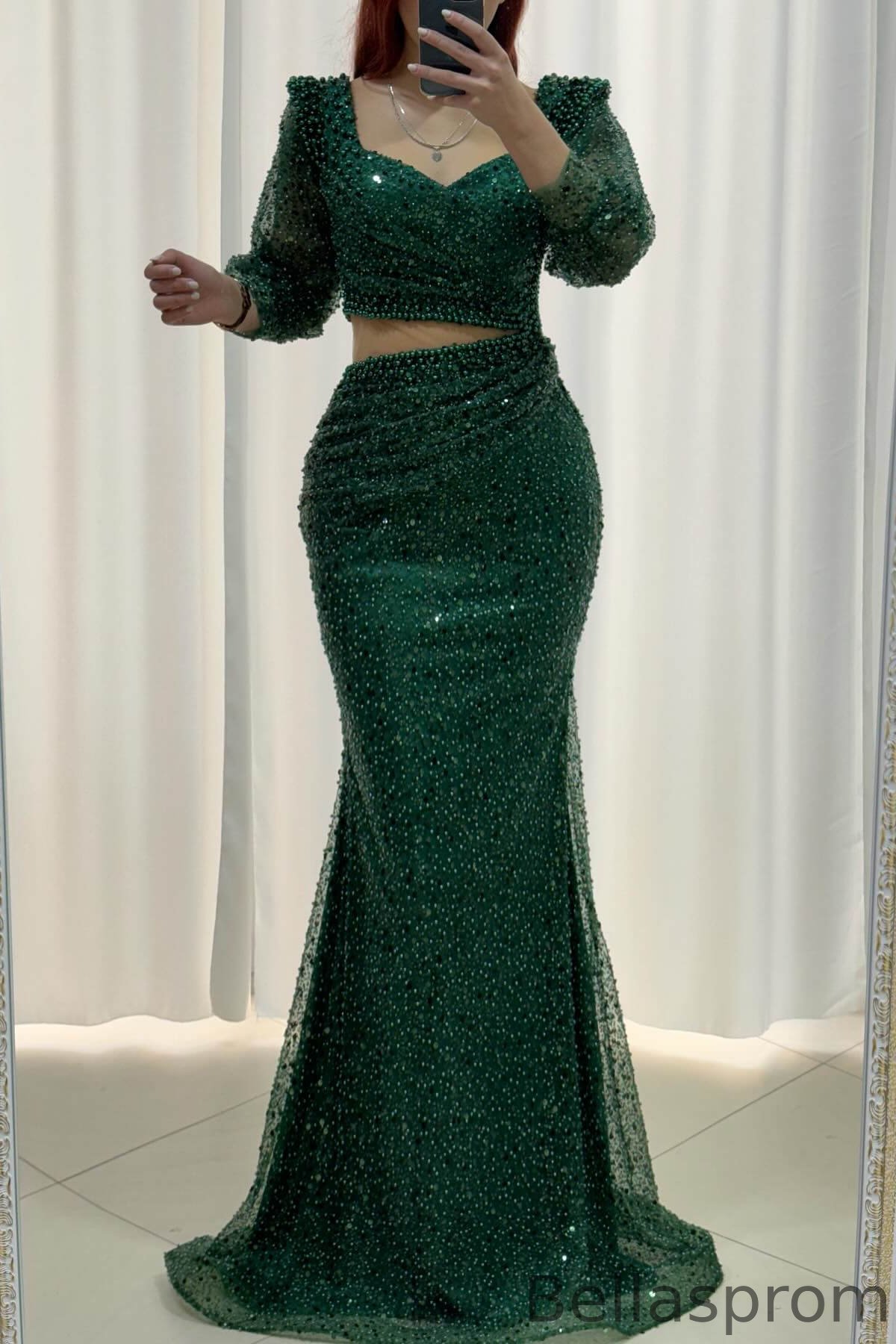 Bellasprom Dark Green Sweetheart Long Sleeves Mermaid Prom Dress With Sequins Pearls Bellasprom