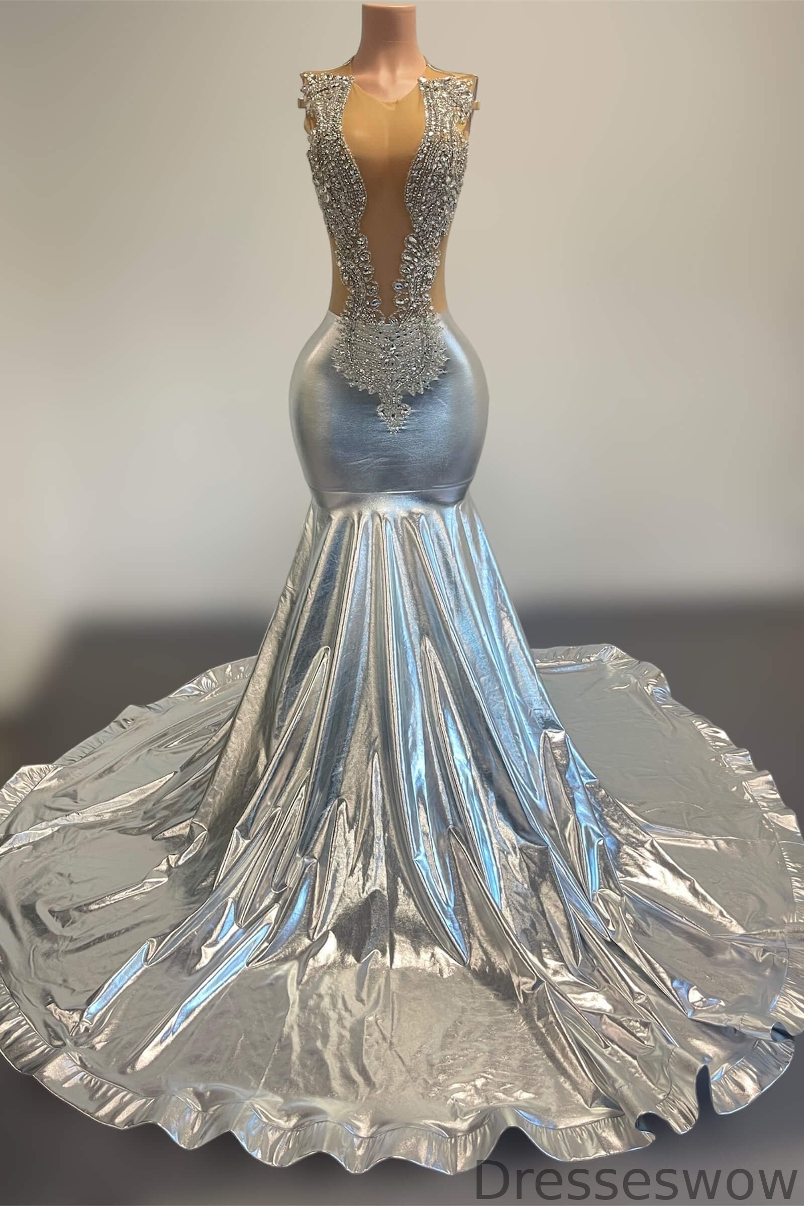 Dresseswow Silver Scoop Sleeveless Mermaid Formal Dresses With Beadings Crystals On Sale