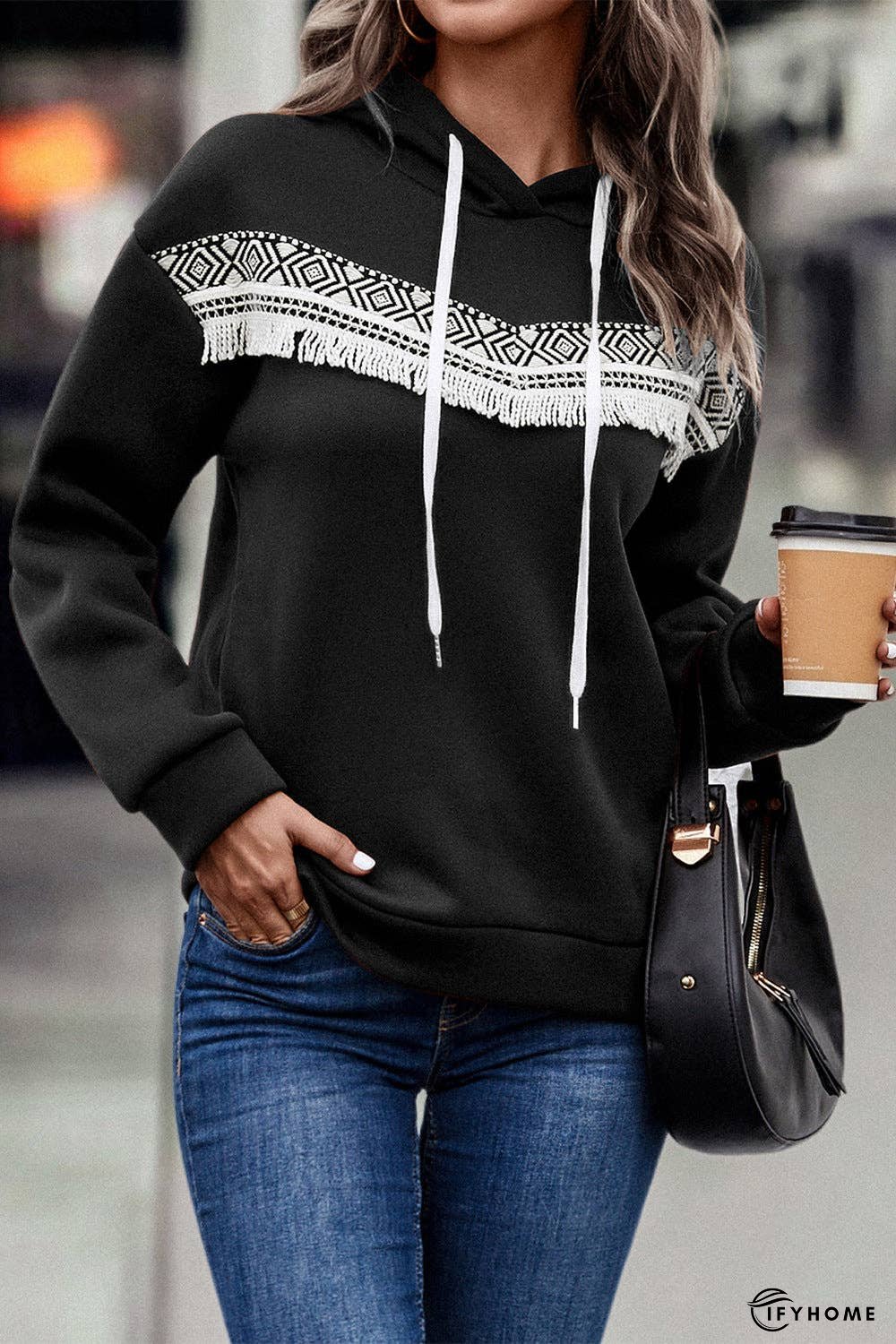 Contrast Fringe Detail Dropped Shoulder Hoodie | IFYHOME