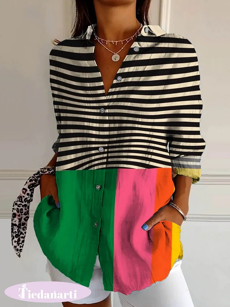 Women's Abstract Geometric Line Pattern Art Print Casual Cotton Shirt